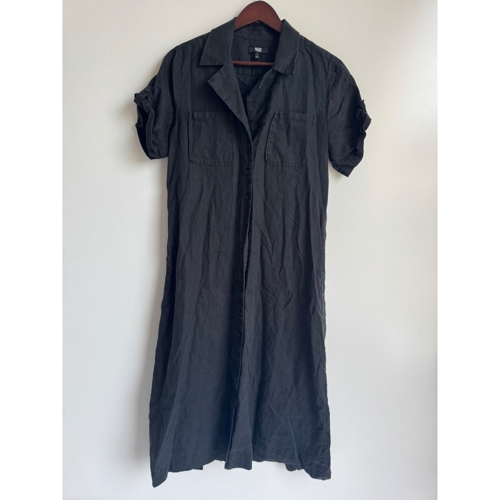 PAIGE Black 100% Linen Button Down Midi Shirt Dress Short Sleeve Womens Small